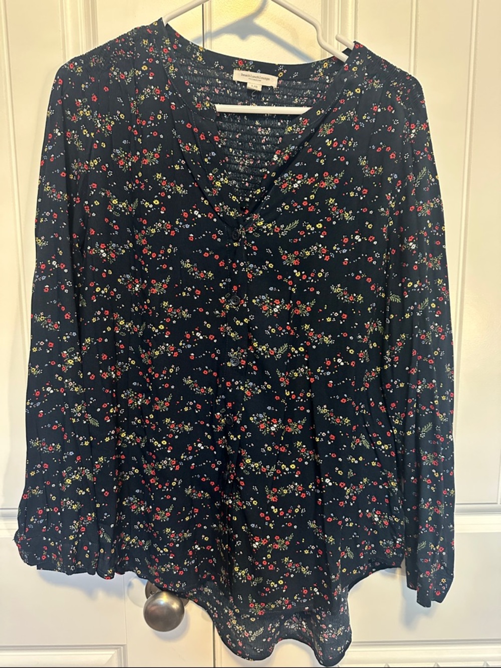 beachlunchlounge Navy Floral V-Neck Long-Sleeve Blouse